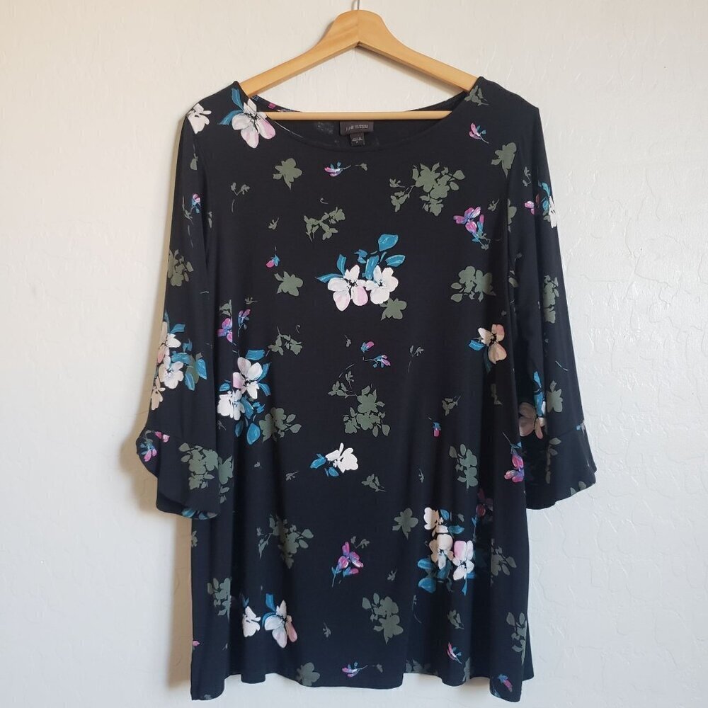 J.Jill Stretch Jersey Knit Floral 3/4 Tulip Sleeve Blouse Top Black Sz Womens XL